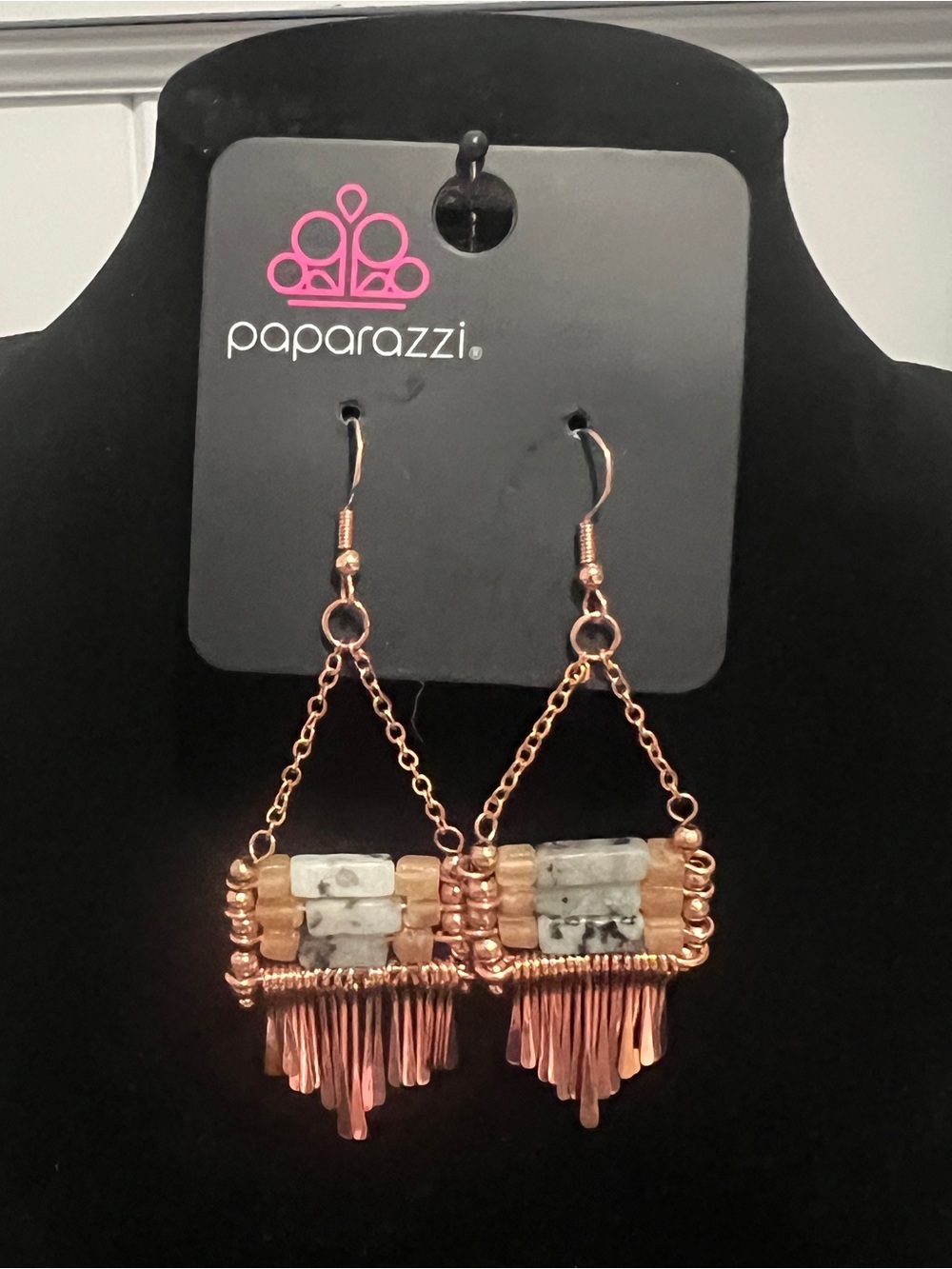 Paparazzi Copper Fringe Dangle Earrings - Brown & White